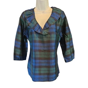 Devon Baer sz M blue green plaid spread collar 100% silk 3/4 sleeve top EUC chic - Picture 1 of 7