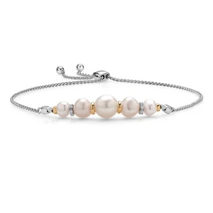 925 Sterling Silver and 10K Yellow Gold Cultured Freshwater Pearl and White Lab - Picture 1 of 4