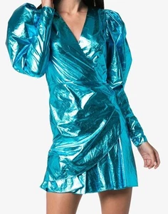 Rotate Birger Christensen Blue Puff Shoulder Wrap V Neck Mini Dress Size 8 - Picture 1 of 22