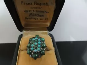 BREATH TAKING TURQUOISE CABOCHON & MARKASITES AUSTRIAN ANTIQUE 800 S SILVER RING - Picture 1 of 10