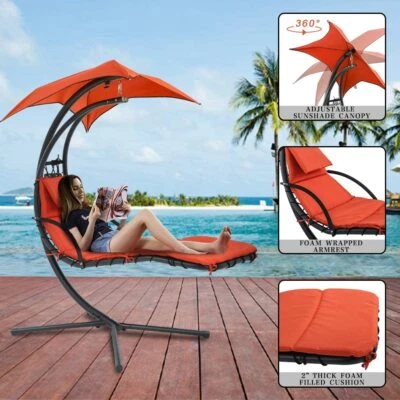 Patio Hanging Chaise Swing Lounge Chair with Arc Stand