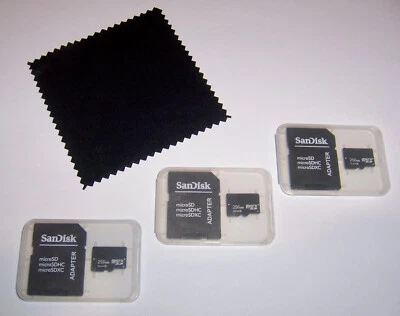Lot of 3 New 256mb Micro SD Memory Cards, 256 mb MicroSD + Cleaning Cloth - USA - Image 1 of 3