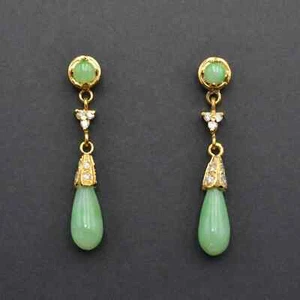 Bellissimo orecchino pendente/goccia giada verde naturale vintage argento sterling 925 - Foto 1 di 4