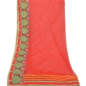 Sanskriti Vintage Dupatta Long Stole Net Mesh Red Hand Beaded Rhinestone Scarves - Picture 1 of 8