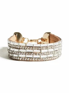 NEW GUESS GOLD TONE,CAMEL FAUX LEATHER+CLEAR RHINESTONE+BAGUETTE CUFF BRACELET - Picture 1 of 2