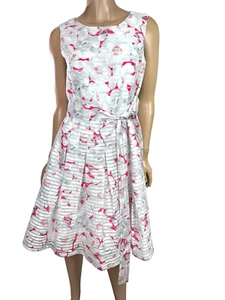 Vestido Tommy Hilfiger Fit & Flare Talla 6 Sin Mangas Blanco con Diseño Rojo Superposición Transparente - Imagen 1 de 7