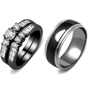 3 PCS Couple Ring Set Womens Round CZ Stainless Steel Wedding Ring Set Mens Band - Picture 1 of 10