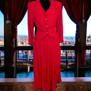 Vintage S.L. Petites Women's Red Long Sleeve Dress 8 Attached Jacket Tie Back - Picture 1 of 15