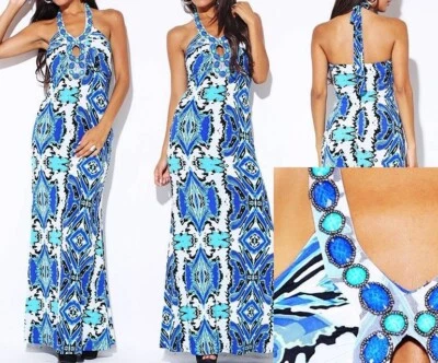 Blue/Aqua Multi Retro Bead Embellished Long Halter Maxi Dress - Image 1 of 4
