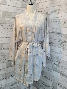 Victorias Secret Satin Kimono Robe XSmall Small Gray Floral Print Pockets - Picture 1 of 7
