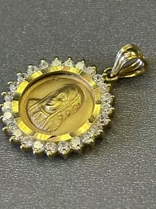 CATHOLIC VIRGIN MARY REAL 14K SOLID YELLOW GOLD DESIGNER PENDANT WHITE CZ STONES - Picture 1 of 5