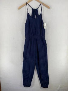 MISS BEHAVE Jumpsuit Girls 12 Viscose Linen Pinstripes V-Neck Tie Back Blue NEW - Picture 1 of 17