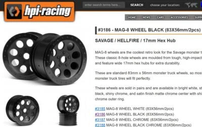 Original HPI3186 MAG-8 WHEEL BLACK (83X56mm/2pcs) 1/8 SAVAGE HELLFIRE 17mm Hex - Image 1 of 4