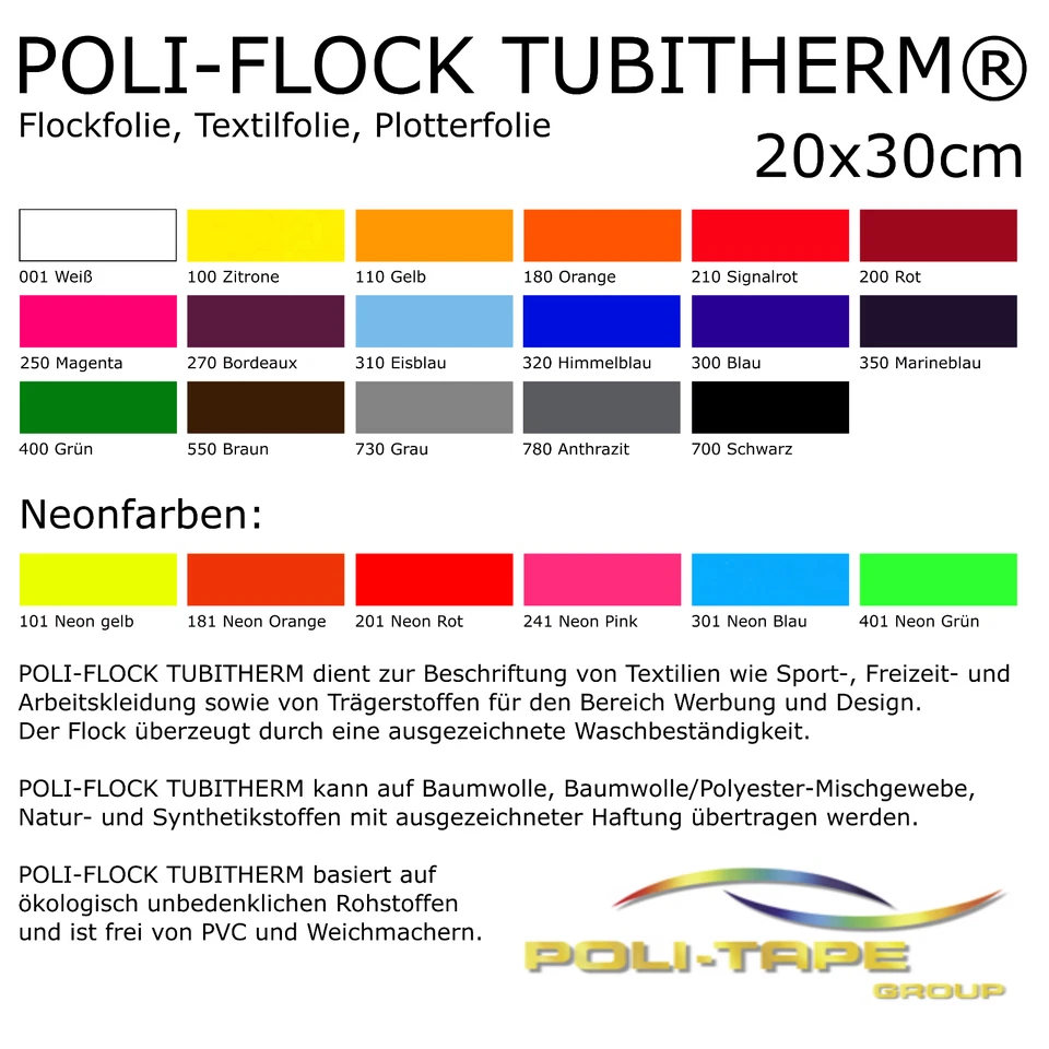 [33,33 €/m²] Flockfolie Textilfolie Poli-Tape Tubitherm® ca. DIN A4 20x30 cm NEU