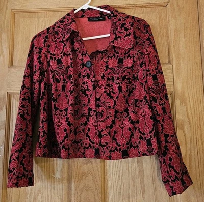  Chaqueta Briggs New York Talla 8P Pequeña Roja Negra Estampado Floral Botón Frontal Foto 1 de 4