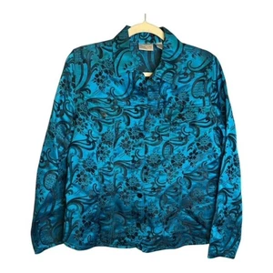 Chico's Jacket Women's Size Medium Silk Blend Floral Blue Black Chicos 1 - Picture 1 of 3