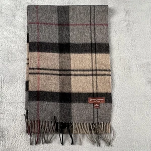 Hickey Freeman Scarf Mens One Size Gray Tan Plaid 100% Merino Wool Fringe - Picture 1 of 13