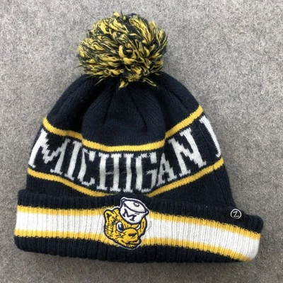 Michigan Wolverines Beanie Hat Mens Blue Yellow NCAA Football Pom Zephyr - Image 1 of 4