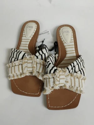 NWT Zara Striped Bow Slides Frayed Detail Slip On Sandals Flats Size 36 - Image 1 of 4