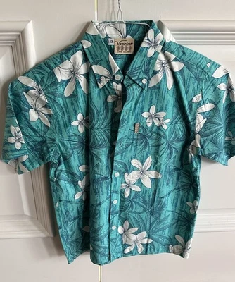 Vonnias Boys Teal Aqua Hawaiian FLoral Shirt Cook Islands Cotton EUC Size 12 - Image 1 of 4
