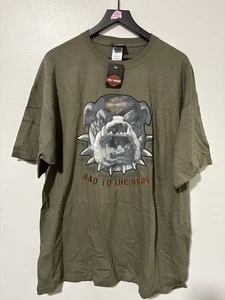 Harley Davidson Shirt Mens XL Olive Green Bad To The Bone Bulldog Graphic 2011 - Picture 1 of 7