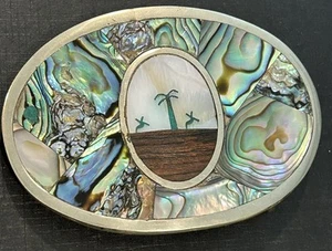 Vintage Alpaka Silber mit Abalone Muschel Intarsien Strandszene Oval Gürtelschnalle - Bild 1 von 3