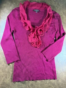 Adrienne Vittadini Red Ruffle Rib Knit V Neck Sweater Size Medium Holiday Work - Picture 1 of 14