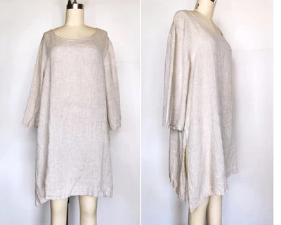 Vestido túnica Bryn Walker bege bronzeado 100% linho gola redonda Lagenlook minimalista GG - Imagem 1 de 4