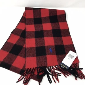 Polo Ralph Lauren Men Red Black Buffalo Check Plaid Reversible Wool Blend Scarf - Picture 1 of 6