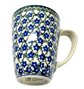 Ceramica polacca fatta a mano in Polonia, tazza da tè caffè, graziosi fiori blu 5 petali - Foto 1 di 15