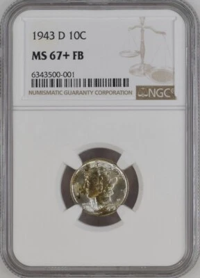 1943-D 10C FB Mercury Dime NGC MS67+FB   6343500-001 - Image 1 of 2