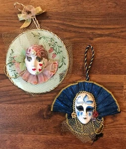 Pair of Mardi Gras-Style Porcelain Wall Masks Decorative Hanging Art - Picture 1 of 5