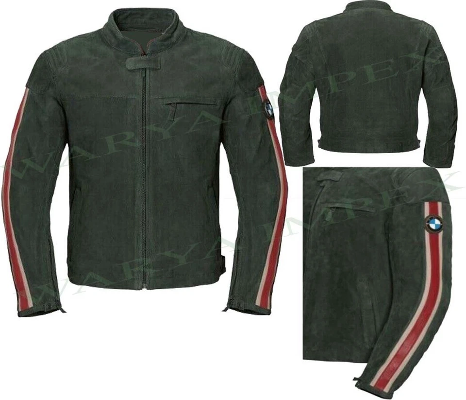 BMW MOTORRAD TWIN STRIPES MENS GREEN LEATHER JACKET MOTORCYCLE RIDING JACKET NEW - Image 1 of 4
