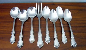 8 Oneida Arbor/True Rose Stainless Steel Teaspoons Gumbo Fork odd set - Picture 1 of 5
