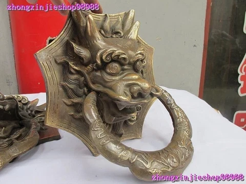 Chinese Folk Classical old Copper Bronze Dragon Head Door Knocker Pair statue Cover
