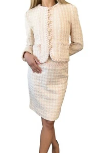 CHANEL Vintage 94P CC Tweed Jacket Skirt Set Suits #36 Pink White Cotton Button - Picture 1 of 16