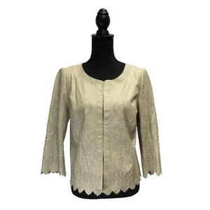 Tory Burch Beige Laser Cut Out Perforated Leather Jacket Sz 6 - Picture 1 of 15
