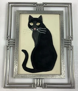 Framed Black Cat Leather Art by Dawn Mountain Wall Decor Kitten Feline - Picture 1 of 2
