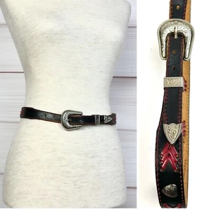Vintage Dakota Leder Western Gürtel Nickel Nieten geflochten schwarz und rot Damen S - Bild 1 von 11