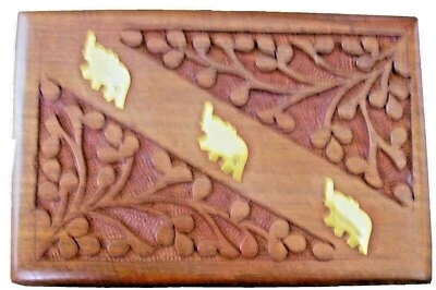 3 Brass Elephant Inlay Decorative Carved Wooden Hinged Box 5" x 8"  - Image 1 of 3