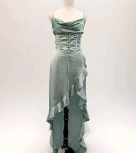 Blithe La Dress S Satin Green Corset Hi-Low Flounced Gypsy Peasant Boho Maxi - Picture 1 of 13