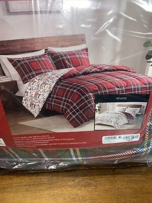 3 Piece Holiday Reversible Queen/Full Comforter Set. Plaid And Holiday Scene - Image 1 of 4