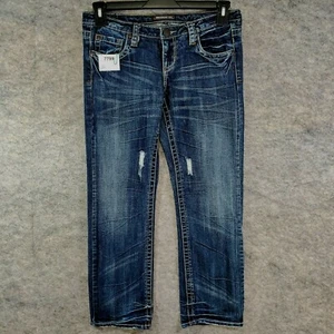 Undergound Jeans Juniors 7 Blue Dark Wash Denim Low Rise Distressed Heavy Stitch - Picture 1 of 11