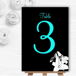 Stunning Lily Black White Turquoise Personalised Wedding Table Number Name Cards - Picture 1 of 1