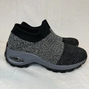 Slip On Breathe Mesh Walking Shoes Women Blk/Gray Comfort Wedge - EUC - Picture 1 of 13