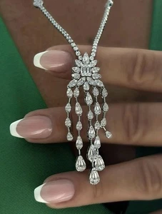 White Gold Plated Made W Swarovski Crystal Women's Long Necklace Bridal Jewelry - Picture 1 of 5