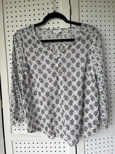 J. Jill Floral Cotton Popover Blouse White Pink Women's Small Petite Semi Sheer - Picture 1 of 7