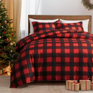 Juego de funda nórdica a cuadros de Navidad Queen 3 piezas rojo negro ropa de cama a cuadros con cremallera - Imagen 1 de 12