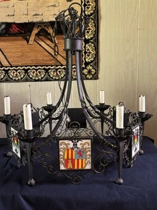 Vintage CHANDELIER Coat Of Arms Spain Gothic Medieval Wrought Iron - Picture 1 of 24