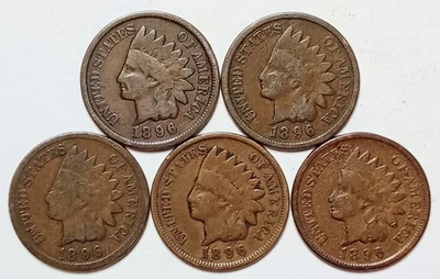  *5* • Indian Head Cents•* ALL *1896* *GOOD OR BETTER*  $$ FREE SHIPPING $$ #580 - Image 1 of 2